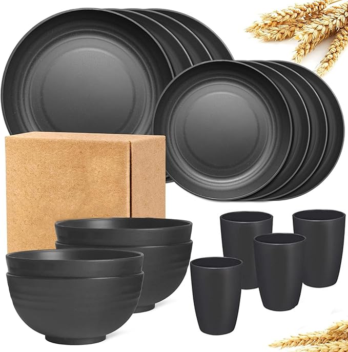 24 Piece Wheat Straw Dinnerware Set -Plates and Bowls Sets for 6 Black Unbreakable Dinner Plates Set Dishwasher Microwave Safe Reusable Plates for Picnic Birthday Camping