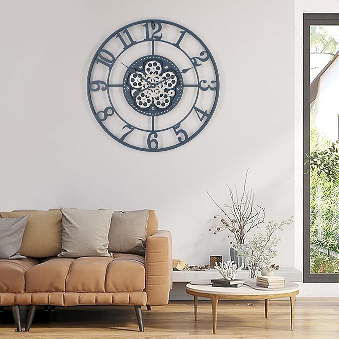 24 Inch Large Wall Clocks for Living Room Decor with Moving Gears,Large Wall Clock Industrial Steampunk,Oversized Metal Analog Wall Clocks for Farmhouse Home Battery Operated