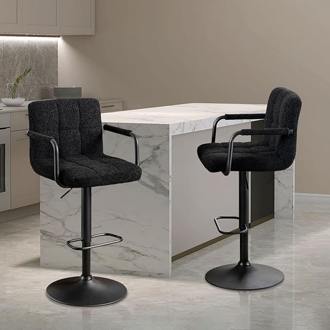 Furnimart 30" Artificial Sherpa Upholstered Bar Stool, Adjustable Counter Stools Bar Chairs Modern Design Swivel Barstools Hydraulic Stools for Kitchen and Dining Room Set of 2 (FauxFur-Black)