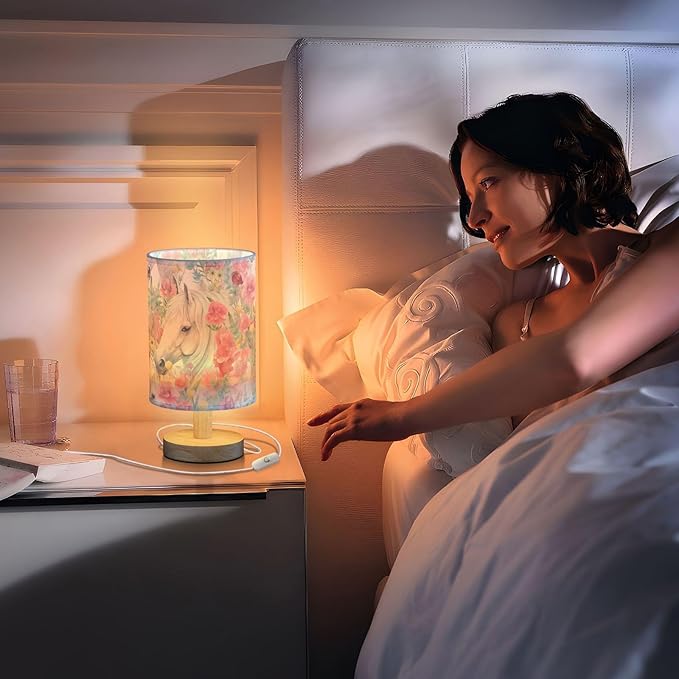 Bedside Lamp White Horse Pink Flower Table Lamp with USB Port Wood Base for Living, 5.12x9.7in/13x24.7cm, 214B3018