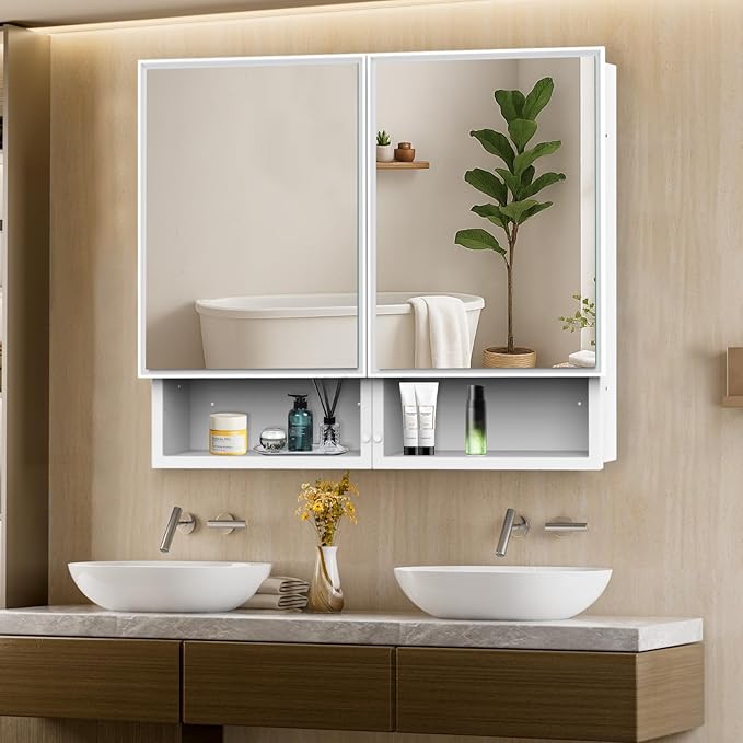 32x26 InchMedicine Cabinet with Mirror, Bathroom Mirrored Cabinet with Double Doors, Extra Storage Space, Bevel Mirror Wall Cabinet, Recessed or Surface Mount