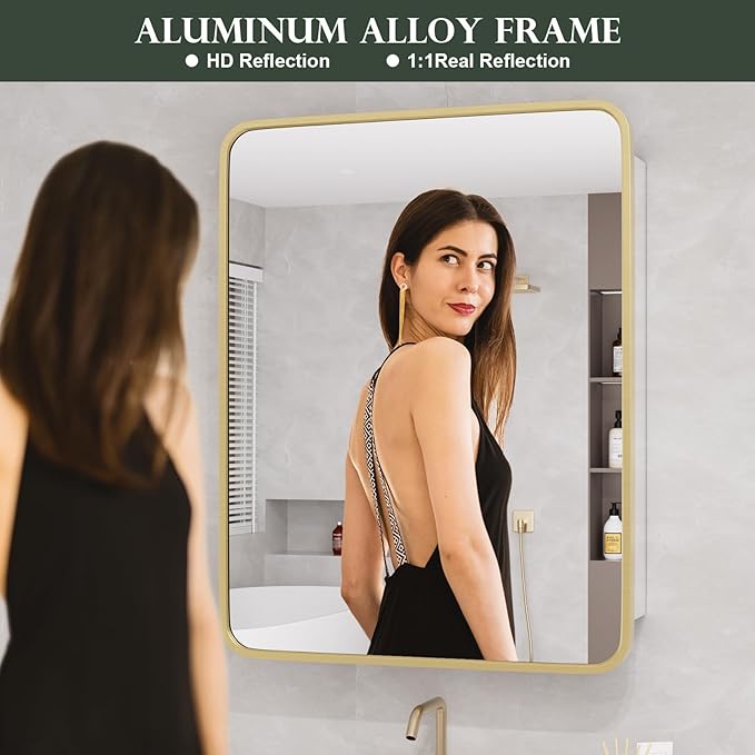 WallBeyond Bathroom Medicine Cabinet with Mirror, 22x28 Inch Gold Recessed Medicine Cabinet with Round Corner Aluminum Alloy Metal Framed, Single Door Cabinet Medicine with Storage