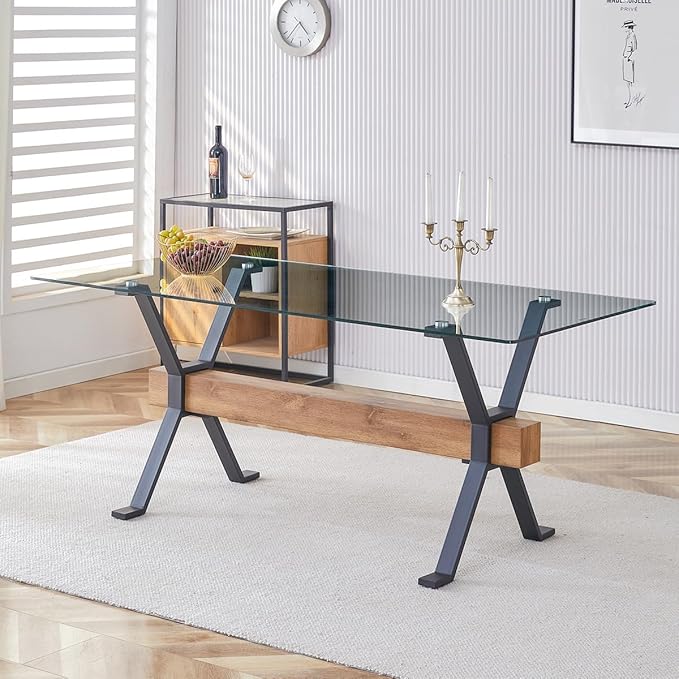 Glass Dining Table 71"|Modern Dining Table for 6-8|0.4" Thick Tempered Glass Top|Matte Black Metal Legs|Wooden Crossbar|Easy Assembly|Perfect for Dining Room or Kitchen
