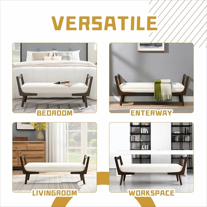 52“ Upholstered Bench for End of Bed, Mid-Century Modern Bedroom Ottoman with Soft Chenille Fabric & Walnut Wood Legs, for Living Room, Entryway (Beige)