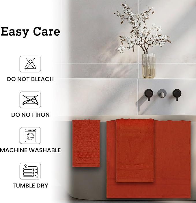 Casa Lino 4 Piece Bath Towel Set | 1 Bath Towel, 2 Wash Cloth, 1 Hand Towels | Bathroom Essentials for New Home, 100% Cotton Luxury Towels, Highly Absorbent Bathroom Set, Coral Orange.