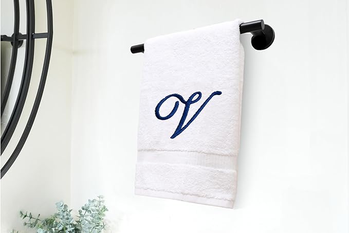 White Monogrammed Hand Towels for Bathroom - Luxury Hotel Quality Personalized Initial Embroidered Towel for Powder Room, Spa - GOTS Organic Certified - Set of 2 Navy Letter V