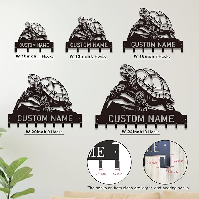 Custom Tortoise Metal Key Holder for Wall, Personalized Family Name Metal Sign with Hooks, Entryway Coat Rack and Organizer for Keys, Leashes, Hats (Style-2)