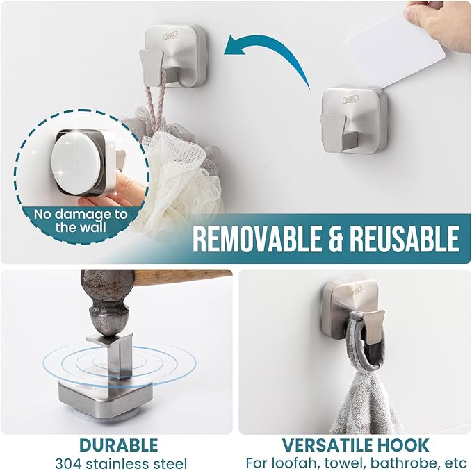 TAILI Stylish 304 Stainless Steel Bathroom Suction Hooks for Towel, Bathrobe, Loofah, No Damage Hanging Glass Shower Wall Hook, Patented Strong Suction Cup Holder, Hold Up to 11 Lbs, A-Cuboid Silver