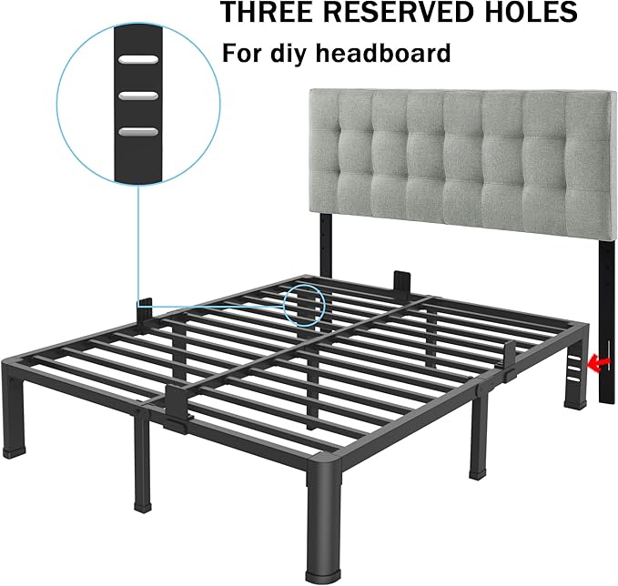 FUIOBYVV 10 Inch Queen Bed Frame with Rounded Corner and Headboard Hole Mattress Retainers 3500 LBS Metal Heavy Duty Steel Slats Support No Box Spring Needed Platform Noise Free Easy Assembly