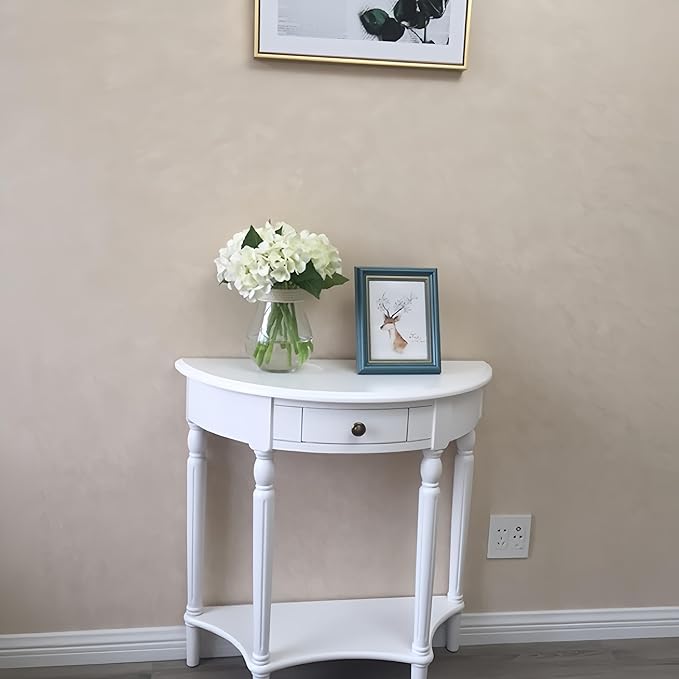 Solid Wood Console Table with Drawer, Semi-Circle Entryway Storage Shelf, Half-Moon Porch Table Side Elegant Vintage Sofa for Living Room (White (35.4" L x 15.0" W x 34.4" H))
