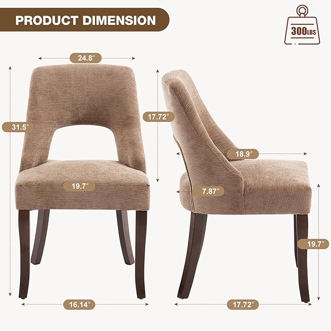 UVV Wooden Dining Chairs Set of 4, Mid Century Modern Upholstered Dining Room Chair Kitchen Chairs, Chenille Dinner Chair with Solid Wood Legs for Kitchen Dining Room, Khaki-Chenille