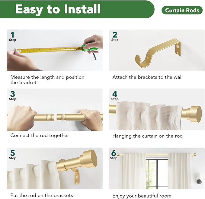 Curtain Rods for Windows 72 to 144, 1 Inch Adjustable Gold Heavy Duty Long Window Curtain Rod with End Caps, Modern Style Indoor Outdoor Drapery Rods for Patio Bedroom, Size 32" - 150"
