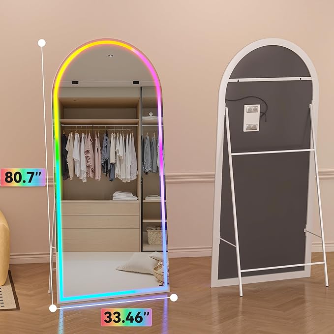 Hasipu 80.7" x 33.4" Arch LED RGB Bluetooth Full Length Mirror with Stand & 7 Color Lighting Modes, Full Body Mirror with White Frame for Bedroom, Living Room, Dressing Room