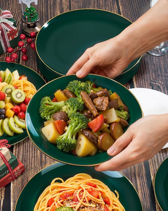 PULOTE 100PCS Green Plastic Plates - Green Disposable Plates With Gold Rim - Include 50 Pieces Dinner 10.25inch,50 Pieces Dessert 7.5inch for Party&Christmas
