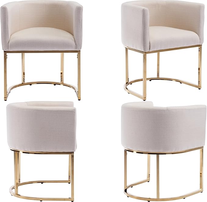 Linen Fabric Dining Chair Modern Barrel Arm Chairs with Golden Frame, Upholstered Kitchen Chairs 18.5" Wide Accent Chair for Living Room Dining Room Restaurant, Cream