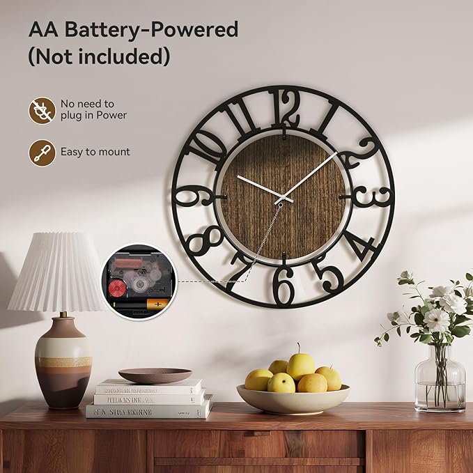 Large Wall Clocks, 24" Black Oversized Wall Clocks for Living Room by Battery Operated, Decorative Farmhouse Silent Walls Clock with Metal Arabic Number for Office, Classroom, Bedroom