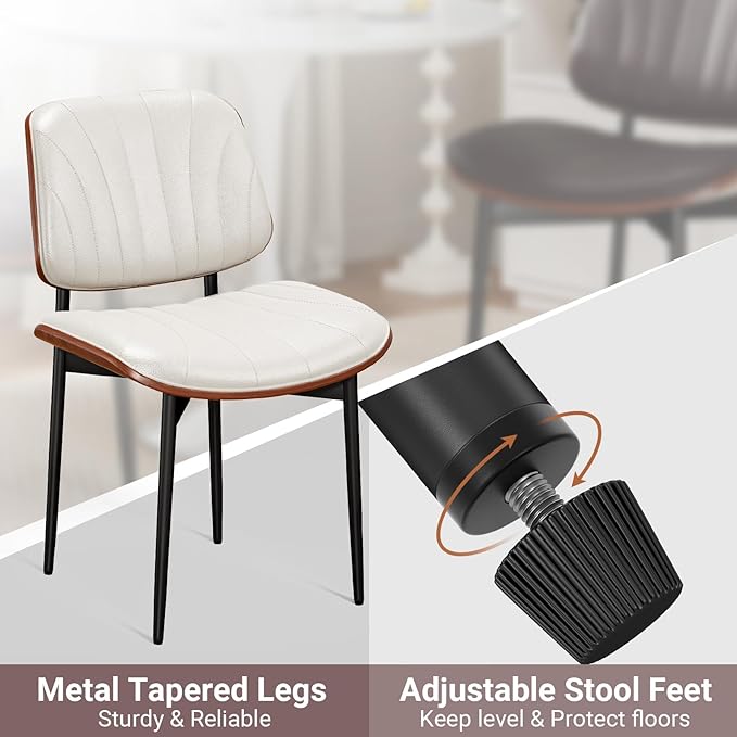 Dining Chairs Set of 4, Mid-Century Modern Upholstered PU Leather Chairs with Walnut Bentwood Back and Metal Legs Adjustable Feet for Kitchen Dining Room, Off-White Shell Strips