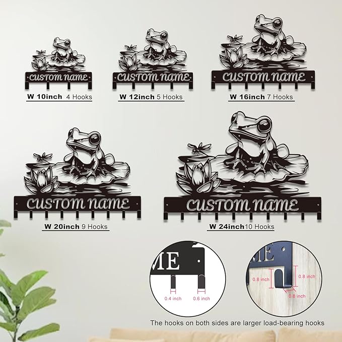Custom Frog Key Holder for Wall Entryway, Personalized Metal Name Sign with Hooks Coat Rack & Dog Leash Holder, Decorative Wall Hanger Organizer (Style-1)