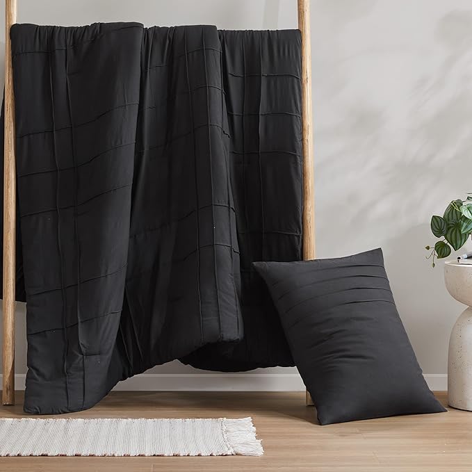 Comfort Spaces Black Twin Size Comforter Set - 2 Pieces Pintuck Pleated Bedding Sets Twin, All Season Lightweight, Extra Softness Pre-Washed Microfiber Twin Bed Set, Shams, Twin/Twin XL