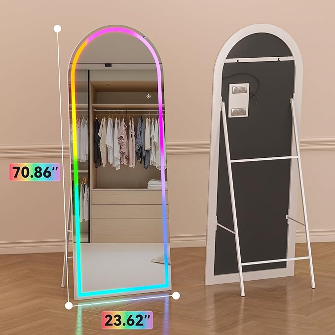Hasipu 70.8" x 23.6" Arch LED RGB Bluetooth Full Length Mirror with Stand & 7 Color Lighting Modes, Full Body Mirror with White Frame for Bedroom, Living Room, Dressing Room