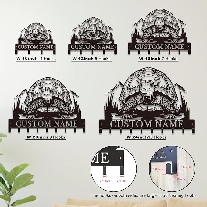 Custom Tortoise Metal Key Holder for Wall, Personalized Family Name Metal Sign with Hooks, Entryway Coat Rack and Organizer for Keys, Leashes, Hats (Style-3)