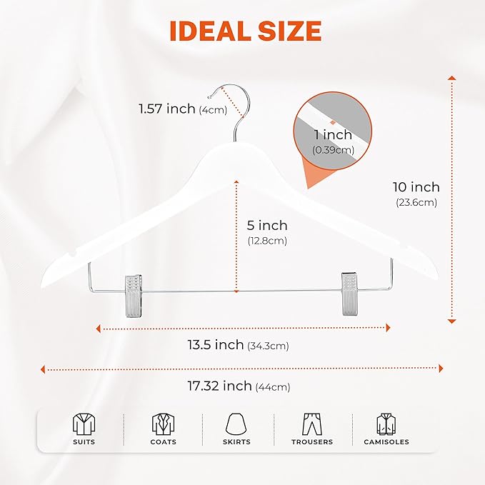 HOUSE DAY Wooden Hangers with Clips 12 Pack, Heavy Duty White Wood Pants Hanger, Premium Skirt Hanger with Adjustable Clips, Solid Clip Hangers for Suit, Blouse, Dress, Coat, Jacket, Bottom