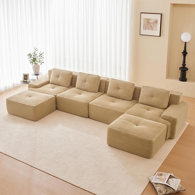 Camel Ottoman for Modular Sectional Sofa, Corduroy Deep Seat for Oversized Compressed Boneless Sectional Couches for Living Room Bedroom Apartment, Cloud Sofa Couch, Memory Foam, No Assembly