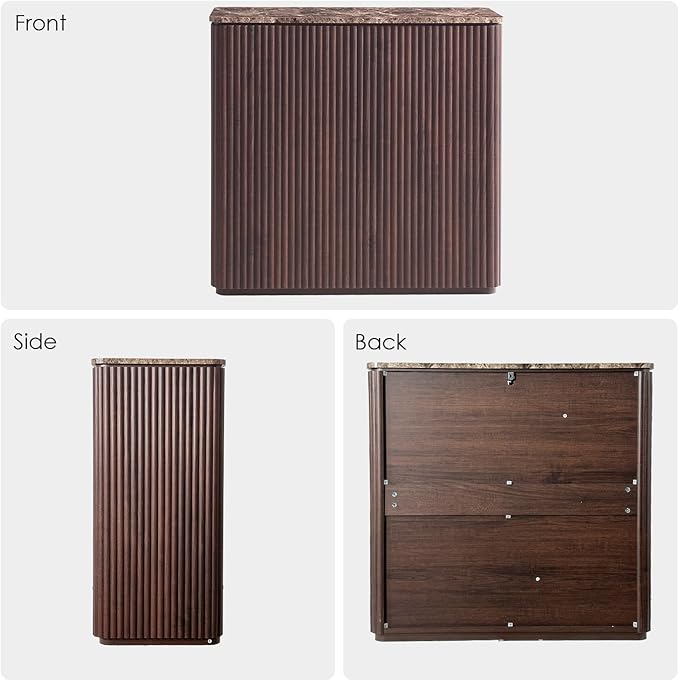 Fluted 2 Doors Sideboard Cabinet with Storage-Wooden Credenza w/Shelves, Faux Marble-Top Coffee Bar Console Table, Modern Buffet Cabinet for Dining, Kitchen, Living Room, Entryway, Dark Oak, 1pcs