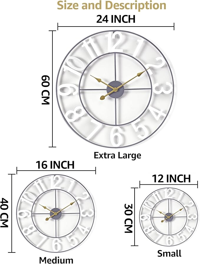 Sorbus 24-Inch Large Wall Clock – Decorative White Metal Clock with Gold Hands – Silent, Battery Operated, Modern Wall Decor for Living Room, Kitchen, or Office – Great Gift for Housewarming or Office