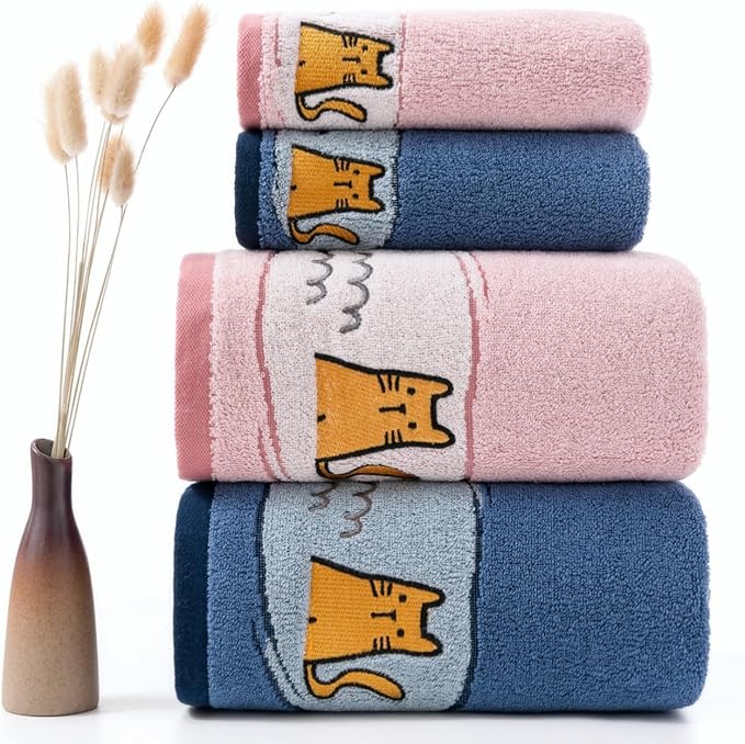 Ultra Soft Cotton Cat Bath Towel - Large 59x29 Meow Print & Cat Paw, Quick Dry Absorbent,for Shower, Beach, Pool & Travel.Blue&Pink.