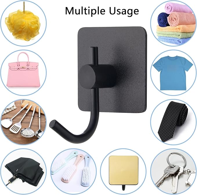 VAEHOLD 6 Pack Adhesive Wall Hooks, Heavy Duty Sticky Holder Aluminum Towel Hooks for Hanging Coat, Hat, Key, Clothes, Closet Hook Wall Mount for Kitchen, Bathroom, Office (Black)