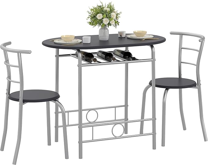 VECELO 3-Piece Dining Table Set for Kitchen Breakfast Nook, Wood Grain Oval Tabletop and Metal Frame with Built-in Wine Rack, for Small Spaces, Black & Silver