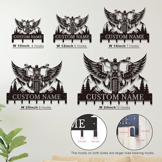 Personalized Motorcycle Metal Key Holder, Custom Last Name Metal Wall Sign, Hanging Storage Rack for Garage and Home Decor (Style-3)