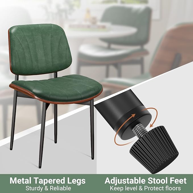 Dining Chairs Set of 8, Mid-Century Modern Upholstered PU Leather Chairs with Walnut Bentwood Back and Metal Legs Adjustable Feet for Kitchen Dining Room, Dark Green Shell Strips