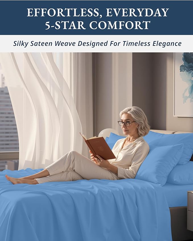 LANE LINEN 100% Egyptian Cotton King Bed Sheets, No Pill Cooling Sheets King Size, Soft & Comfy Sateen Weave for Silky Smooth Finish, Available in Variety of Colors - Blue Jasper