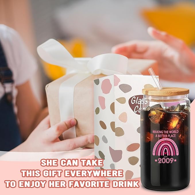 Sweet 16 Gifts for Girls,Making the World better since 2009 Glass,Cute Pink Glass Cup, 16th Year Old Girl Birthday Party Decoration Gifts, Girls Birthday Cup Decoration Present for Her-16 oz