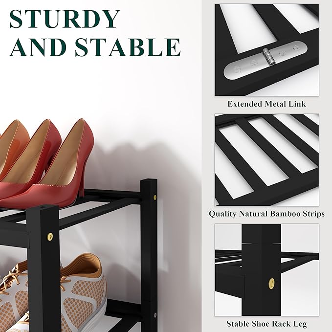 Smiry Shoe Rack, 6 Tier Long Bamboo Shoe Organizer, Stackable Free Standing Wooden Shoe Storage Shelf for Closet, Entryway, Front Door Entrance, Black
