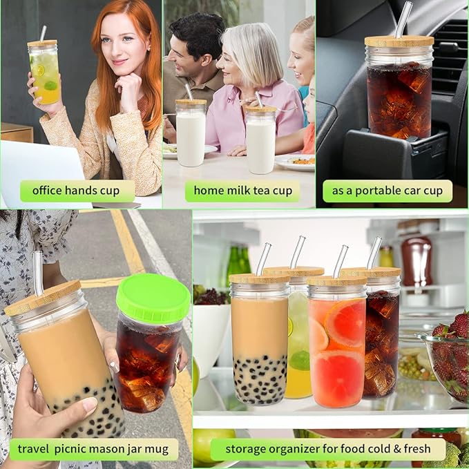 4-Pack 24oz Glass Cups with Lids and Straws - Wide Mouth Mason Jars, 12 Lids (Bamboo/Plastic) & 8 Straws - Reusable Tumblers for Smoothies, Iced Coffee