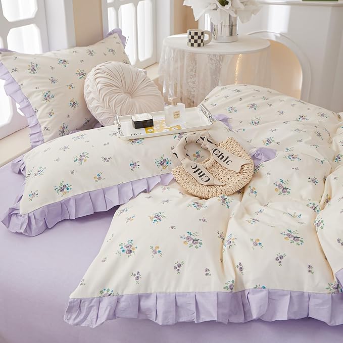 Lace Floral Duvet Cover Twin Cotton Purple Flower 3 Pieces Girls Comforter Cover Garden Style Princess Bedding Set Boho Botanical With Zipper Closure