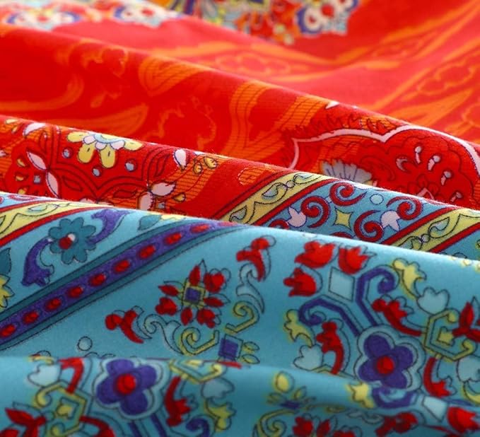 Bohemian Queen Comforter Set Soft Chic 3 Pieces Bedding Boho Queen Comforter Set Lightweight Exotic Red Teal Boho Mandala Colorful Vintage Comforter Bed Set for All Seasons (Queen)