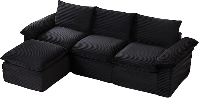 111" Cloud Sectional Couch with L-Shaped Chaise, Corduroy Sectional Sofa with Ottoman, Boneless Couch with Deep Seat in a Box for Living Room, No Assembly Required (Black)