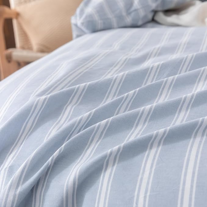 BESTOUCH Duvet Cover Set 100% Washed Cotton Linen Feel Super Soft Comfortable Chic Lightweight 3 PCs Home Bedding Set Cornflower Blue & White Stripes King