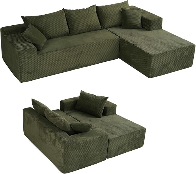 Green Boneless Couches for Living Room – Sectional Cloud Couch in Box, Modular L-Shaped Sofa with Deep Seating for Bedroom Lounge Office, Soft Corduroy Fabric
