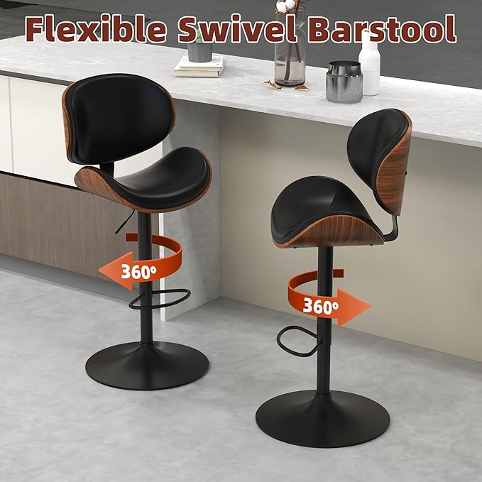 civama Bar Stools Set of 6 for Kitchen Counter, Adjustable Bar Height Chairs, Modern Swivel Barstools with Bentwood Seat and Back with Footrest for Kitchen Island, Dining Room, Black PU Leather