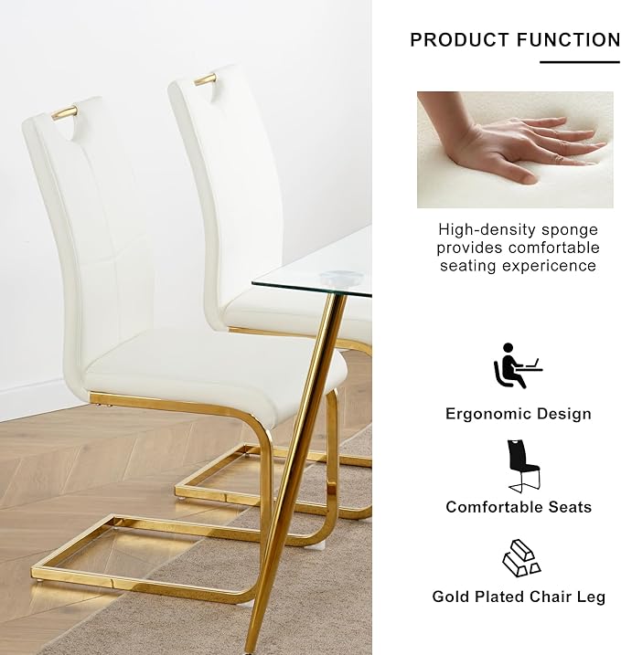 Modern Glass Dining Table Set for 6, Gold Glass Kitchen Table and Chairs Set of 6, 7 Piece Dining Room Table Set with 61" Rectangular Metal Glass Dinner Table and 6 White Leather Dining Chairs