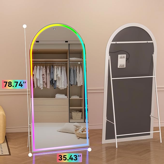 Hasipu 78.7" x 35.4" Arch LED RGB Bluetooth Full Length Mirror with Stand & 7 Color Lighting Modes, Full Body Mirror with White Frame for Bedroom, Living Room, Dressing Room