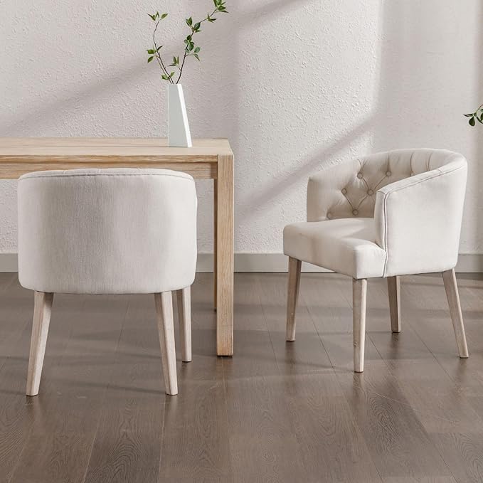 DUOMAY Modern Tufted Dining Chairs Set of 2, Linen Upholstered Side Chair, Comfy Accent Barrel Chair with Wood Legs for Home Kitchen Dining Room Living Room Restaurant, White