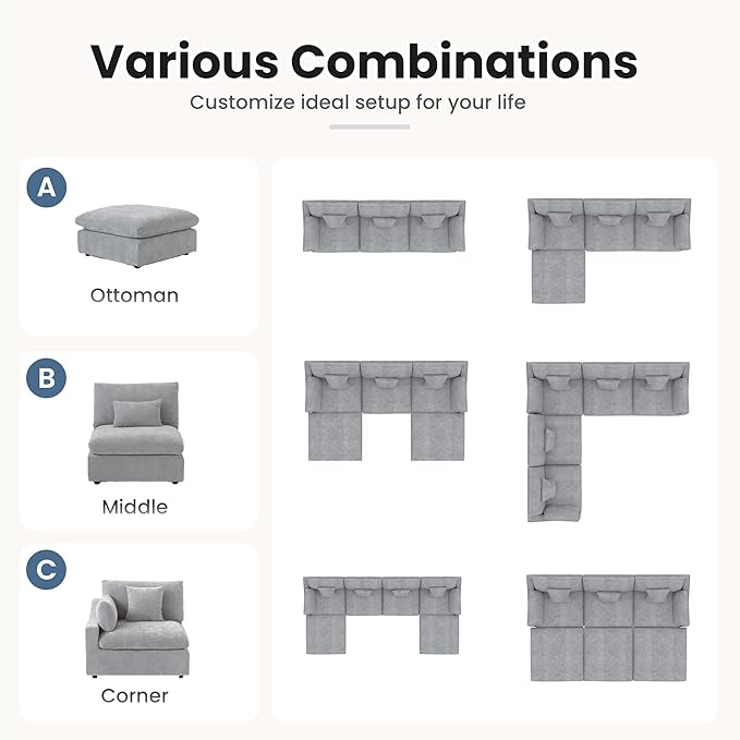 156" Cloud Couch Modular Sectional Sofa with Ottoman,L Shaped Down Filled Couch,Convertible Sofa,Cover Washable and Replaceable Couches for Living Room,Gray