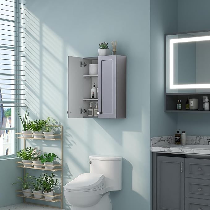 Bathroom Wall Cabinet, Over The Toilet Storage Cabinet, 19 x 27 inch Medicine Cabinet with Adjustable Shelves, Hanging Cabinet Grey for Bathroom, Living Room, Kitchen, Cupboard