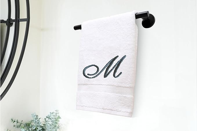 White Monogrammed Hand Towels for Bathroom - Luxury Hotel Quality Personalized Initial Embroidered Towel for Powder Room, Spa - GOTS Organic Certified - Set of 2 Dark Gray Letter M